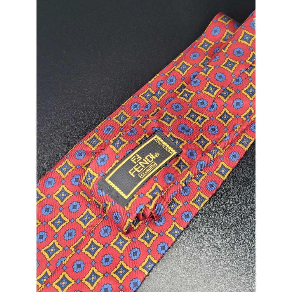 Fendi Cravatte Silk Necktie Red Blue Yellow Geometric Medallion Italy